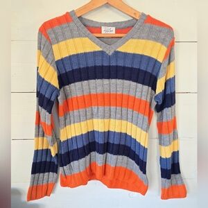 Vintage 90s Vanity Girl Gear Striped Tight Knit Wide Ribbed Sweater V-neck Small